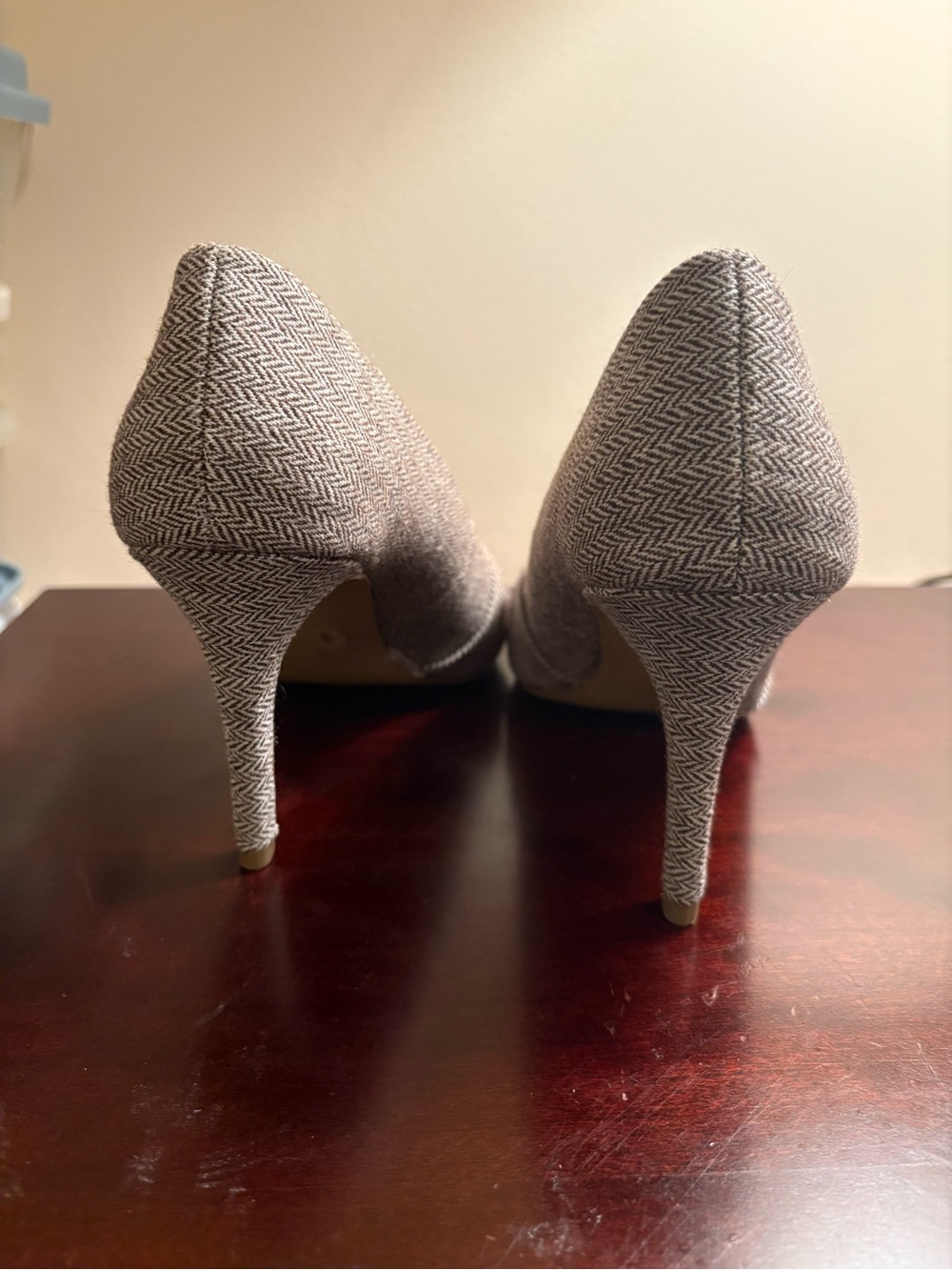 Taupe Herringbone Pointed-Toe High Heels
